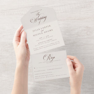 Classic Ivory Brown Calligraphy Wedding  All In One Invitation