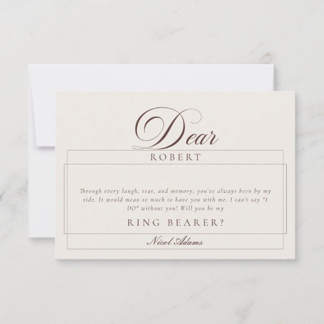 Classic Ivory Brown Ring Bearer Proposal Cards (Front)