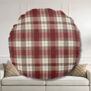 Classic Ivory Brown Rust Red Plaid Pattern Round Pillow
