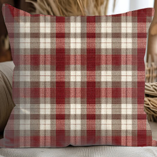 Classic Ivory Brown Rust Red Plaid Pattern Throw Pillow