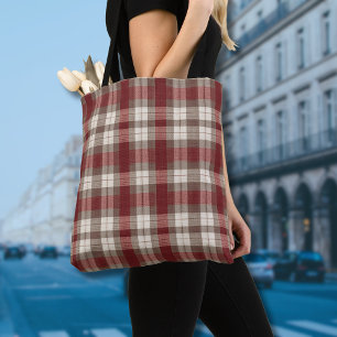 Classic Ivory Brown Rust Red Plaid Pattern Tote Bag