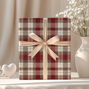 Classic Ivory Brown Rust Red Plaid Pattern Wrapping Paper