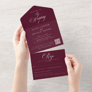 Classic Ivory Burgundy Calligraphy QRCode Wedding All In One Invitation