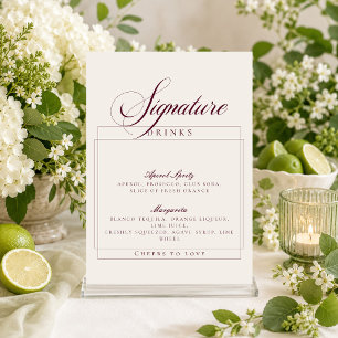 Classic Ivory Burgundy Signature Cocktails Sign Invitation
