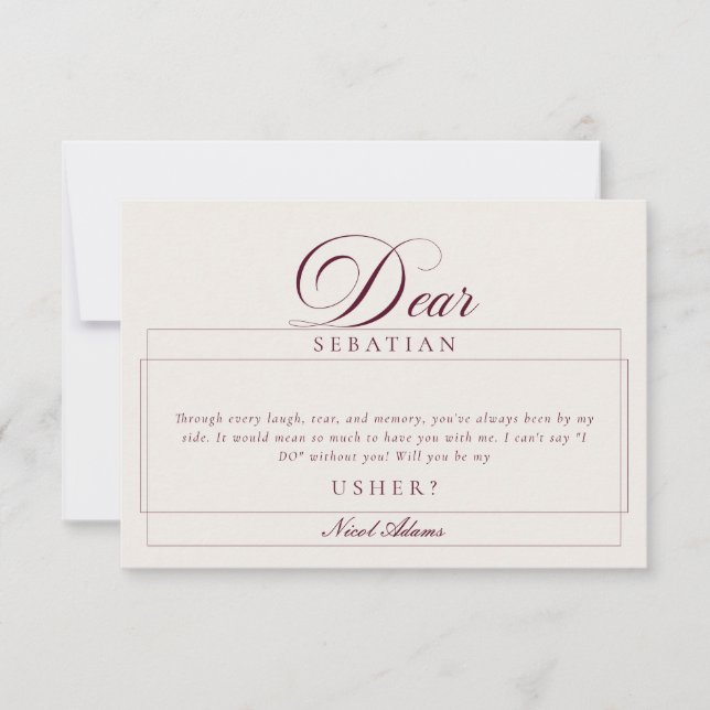 Classic Ivory Burgundy Usher Wedding Proposal Card (Front)