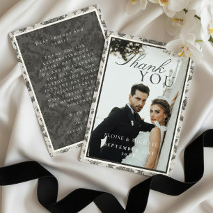 Classic Ivory Damask Rococo Pattern Photo Wedding Thank You Card