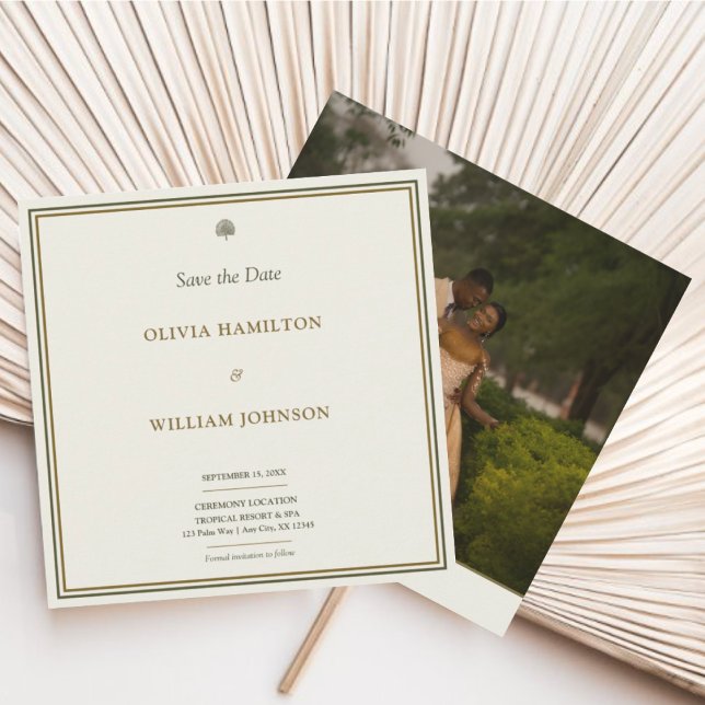 Classic Ivory & Gold Square Photo Save The Date (Elegant ivory & gold Save the Date with photo back—timeless, personal, and refined.)
