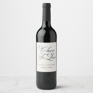 Classic Ivory Navy Blue Calligraphy Cheers Wedding Wine Label