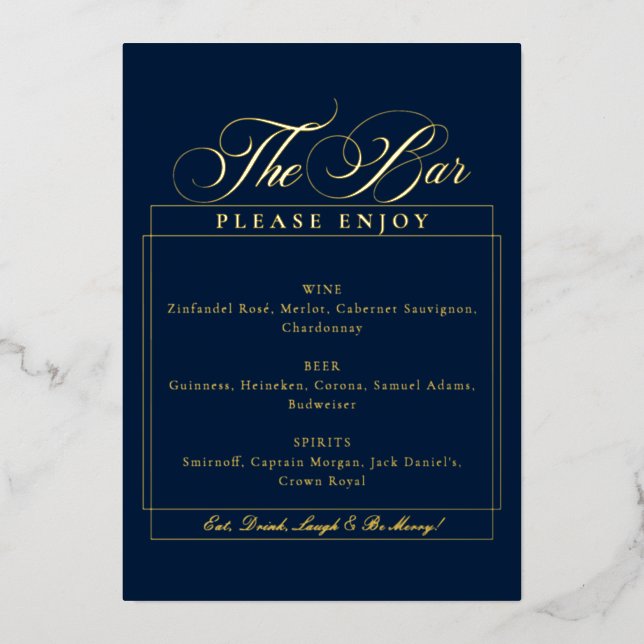 Classic Ivory Navy Calligraphy Wedding Bar Sign (Front)