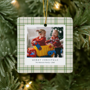 Classic Ivory & Sage Plaid Family Photo Holiday Ceramic Ornament