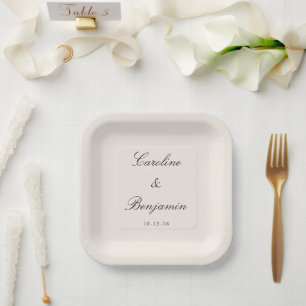 Classic Ivory Script Elegant Wedding Custom Name Paper Plate