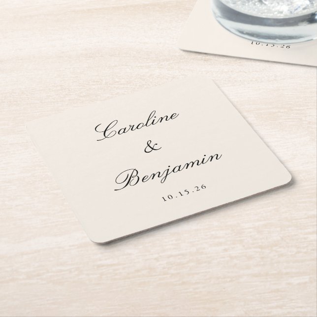 Classic Ivory Script Elegant Wedding Custom Name  Square Paper Coaster (Angled)