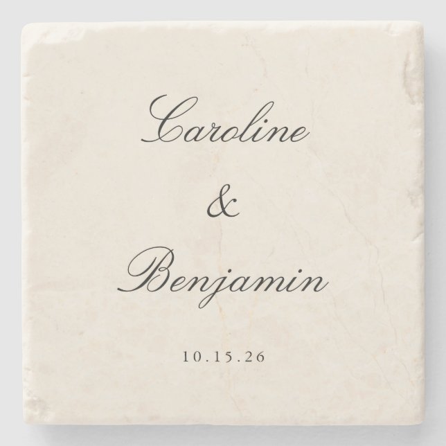 Classic Ivory Script Elegant Wedding Custom Name Stone Coaster (Front)