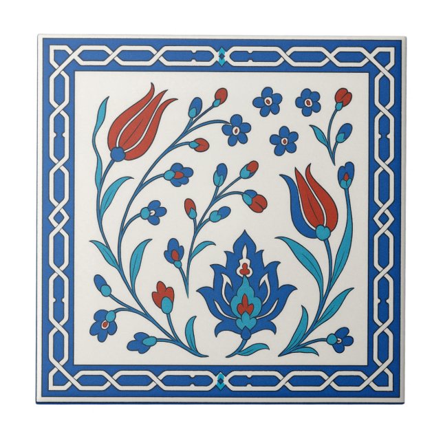 Classic Iznik Floral Ceramic Tile in Blue & Red (Front)