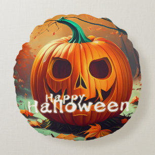 Classic Jack-o-Lantern Autumn Forest Scene Round Pillow