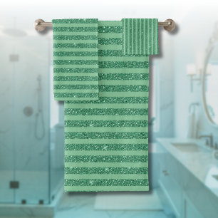 Classic Jade Green Glitter Style Vertical Stripes Bath Towel Set