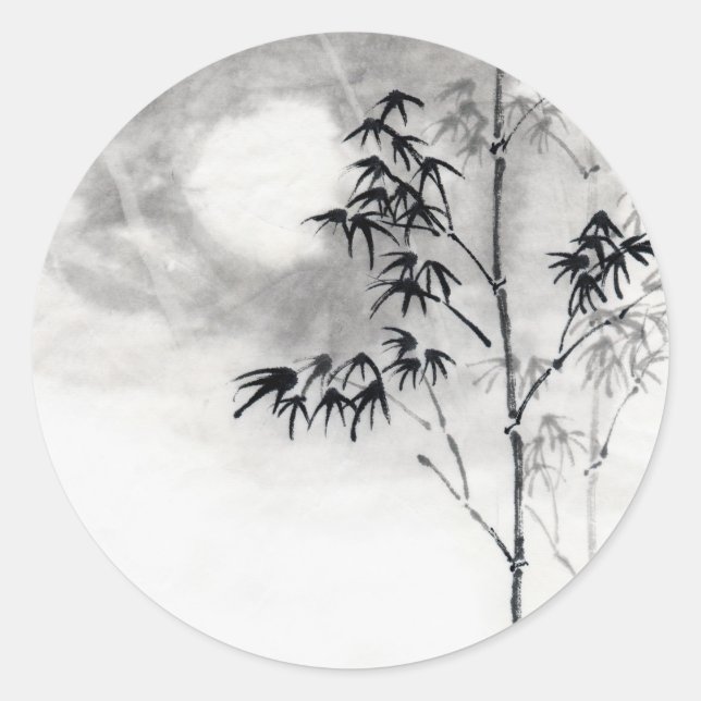 Classic  japanese sumi-e painting art bamboo moon classic round sticker (Front)