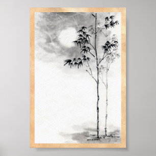 Classic japanese sumi-e painting art bamboo moon poster