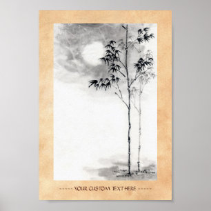 Classic  japanese sumi-e painting art bamboo moon poster
