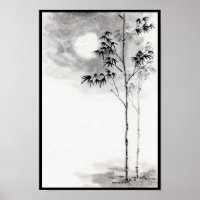 Classic japanese sumi-e painting art bamboo moon