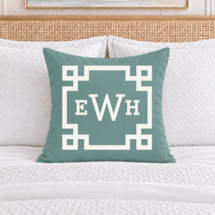 Classic Juniper Green Greek Key Monogram Initial Throw Pillow