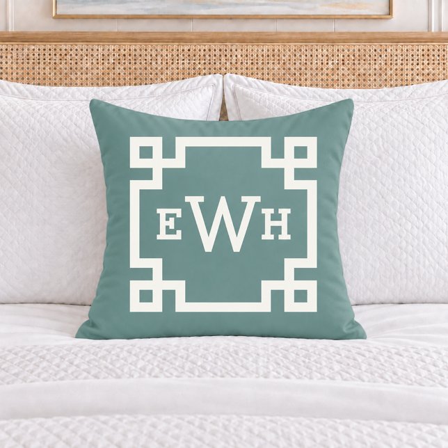 Classic Juniper Green Greek Key Monogram Initial Throw Pillow (Creator Uploaded)