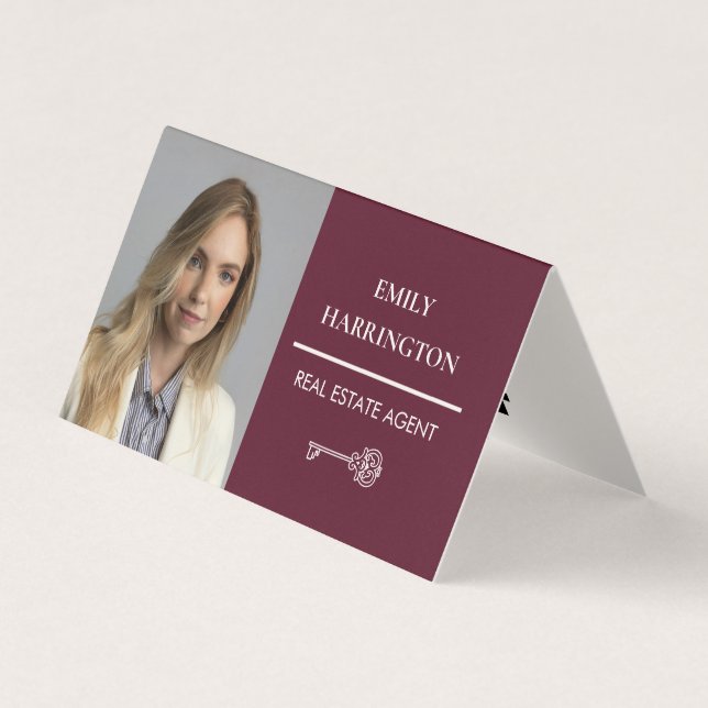 Classic Key QR Code Maroon Real Estate Agent Business Card (Front)