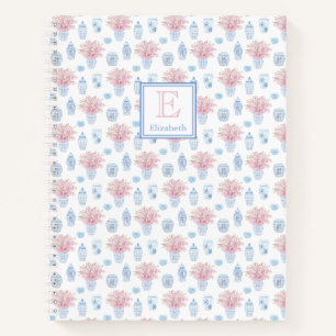 Classic Ladies Blue White Pink Ginger Jars Initial Notebook