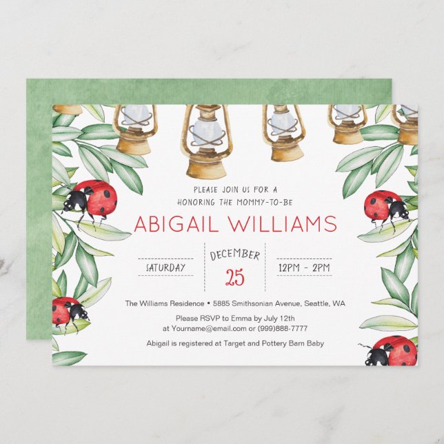 Classic Lady Bug Greenery Garden Baby Shower Invitation (Front/Back)