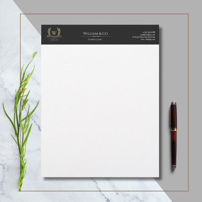 Classic Laurel Wreath Black Gold Monogram Letterhead (Creator Uploaded)