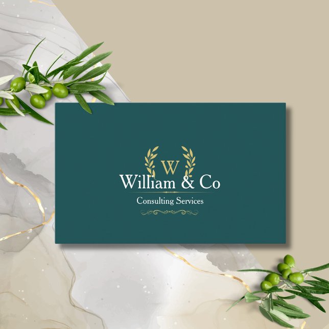 Classic Laurel Wreath Teal Gold Monogram Business Card (Creator Uploaded)