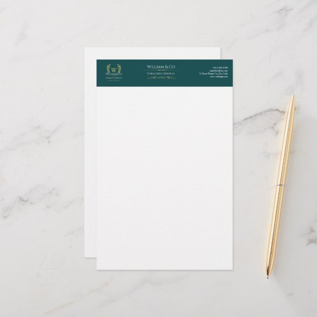 Classic Laurel Wreath Teal Gold Monogram Stationery (Front/Back In Situ)