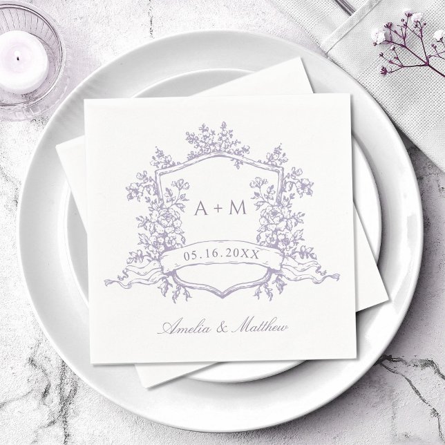 Classic Lavender Floral Crest Monograms Wedding Napkin (Creator Uploaded)