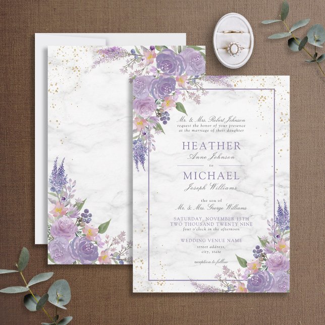 Classic Lavender Lilac Marble Gold Floral Wedding Invitation (Creator Uploaded)
