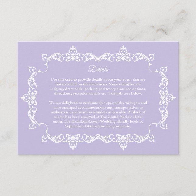 Classic Lavender Purple Ornately Framed Wedding Enclosure Card (Front)