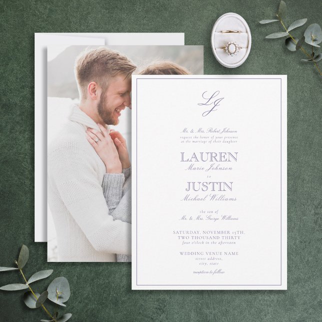 Classic Lavender Script Monogram Photo Wedding Invitation (Creator Uploaded)