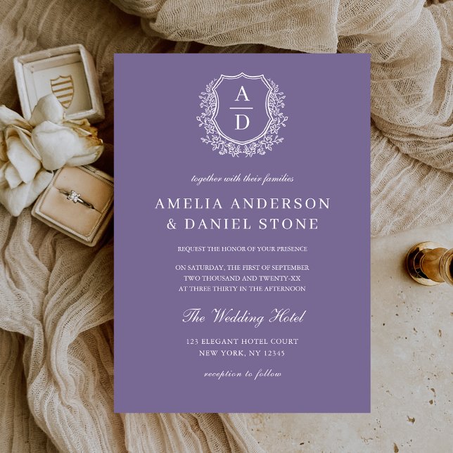 Classic Lavender Wildflower Monogram Crest Wedding Invitation (Creator Uploaded)
