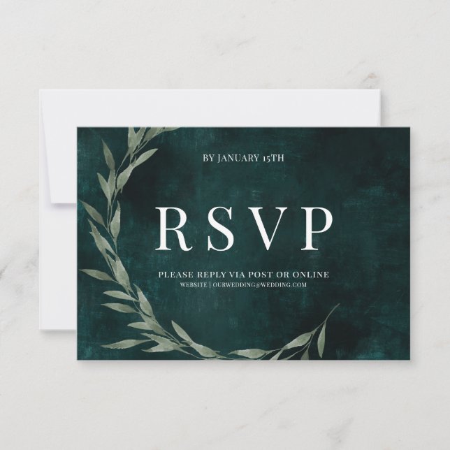 Classic Leaves dreamy drama EMERALD rsvp Card (Front)