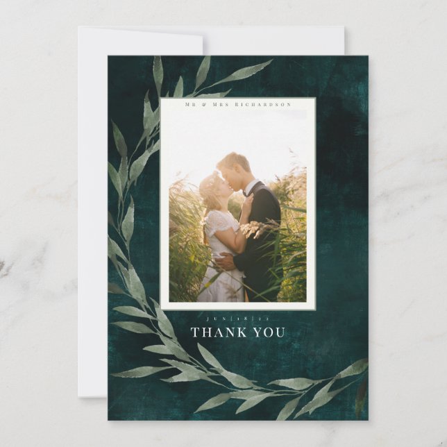 Classic Leaves Emerald Thank you Invitation (Front)