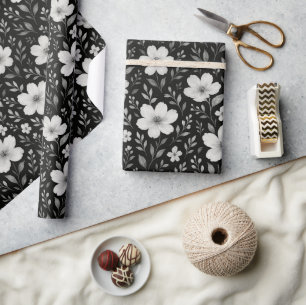Classic Leaves Floral Art Pattern On Grey Black Wrapping Paper
