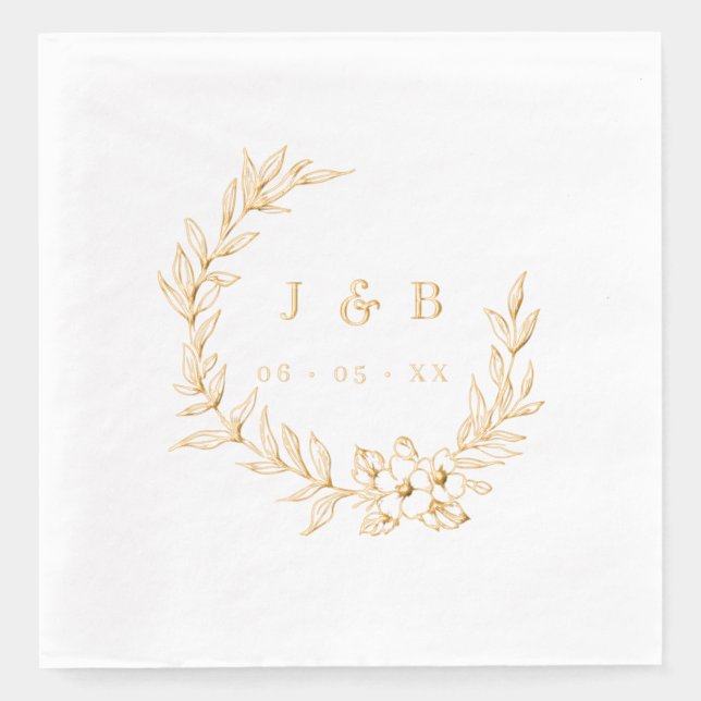 Classic Leaves & Floral Wreath Monogram Gold Foil Napkins (Front)