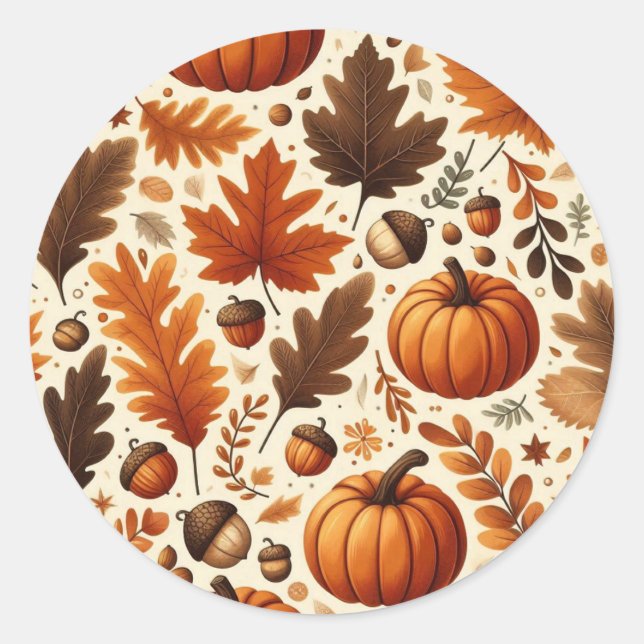 classic leaves/pumpkins/acorns Autumn  Classic Round Sticker (Front)