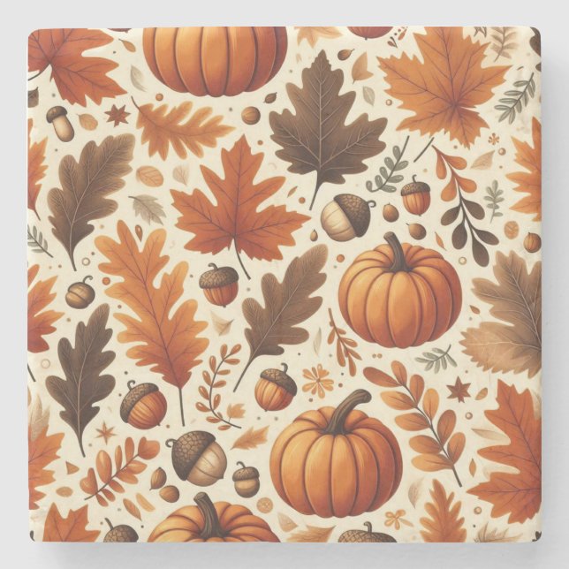 classic leaves/pumpkins/acorns Autumn  Stone Coaster (Front)