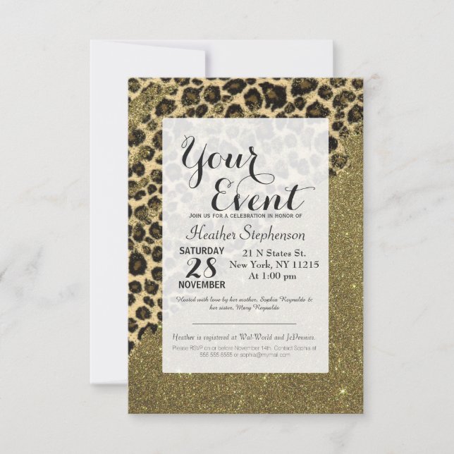 Classic Leopard Print Brushstrokes on Faux Glitter Invitation (Front)