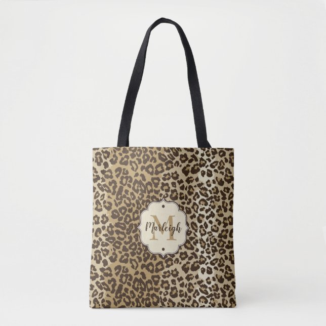 Classic Leopard Print Custom Monogram Name Tote Bag (Front)