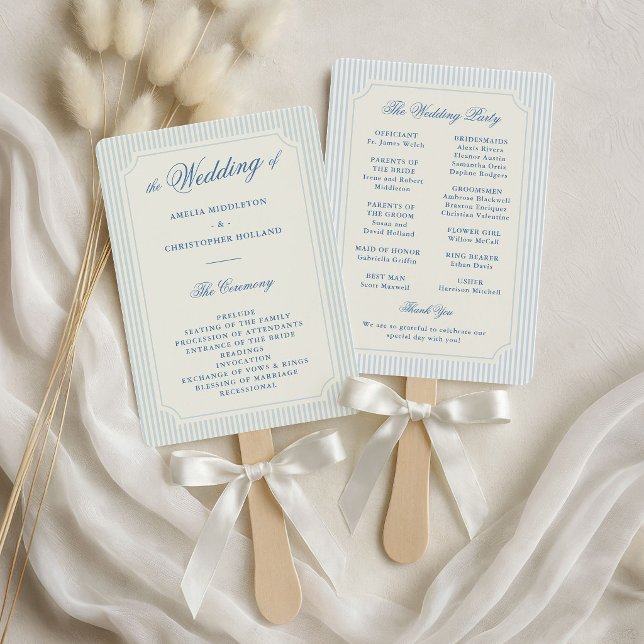 Classic Light Blue Stripes Wedding Program Hand Fan (classic light blue stripes wedding fan programs)