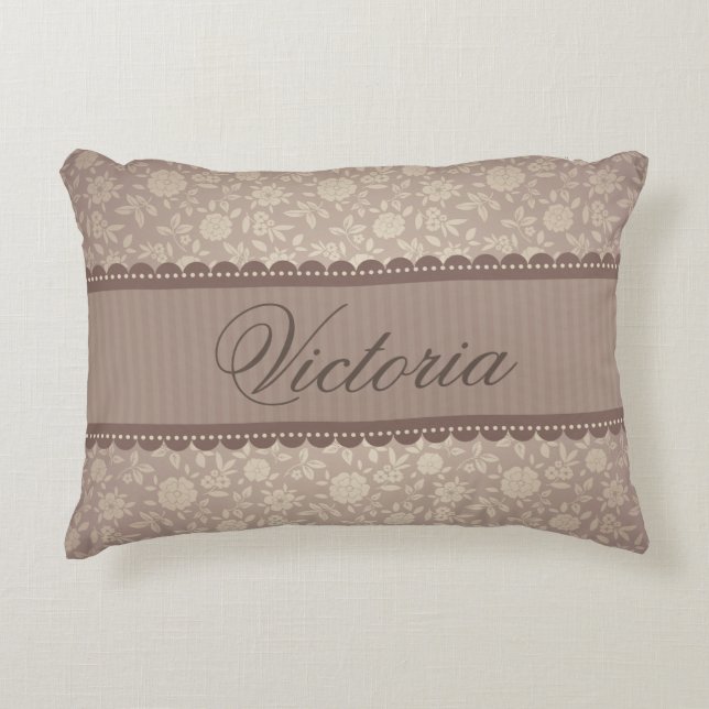 Classic Light Brown Floral Pattern Custom Text Decorative Pillow (Front)