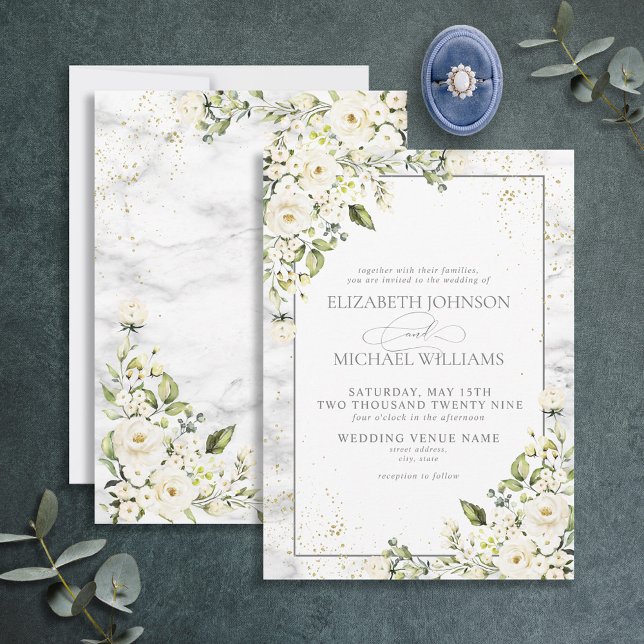 Classic Light Gray White Floral Gold Marble Weddin Invitation (Creator Uploaded)