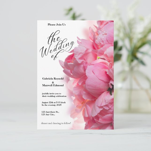 Classic Light Pink Peony Floral Wedding Invitation (Standing Front)