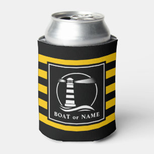 Classic Lighthouse Boat or Name Yellow Stripped Can Cooler